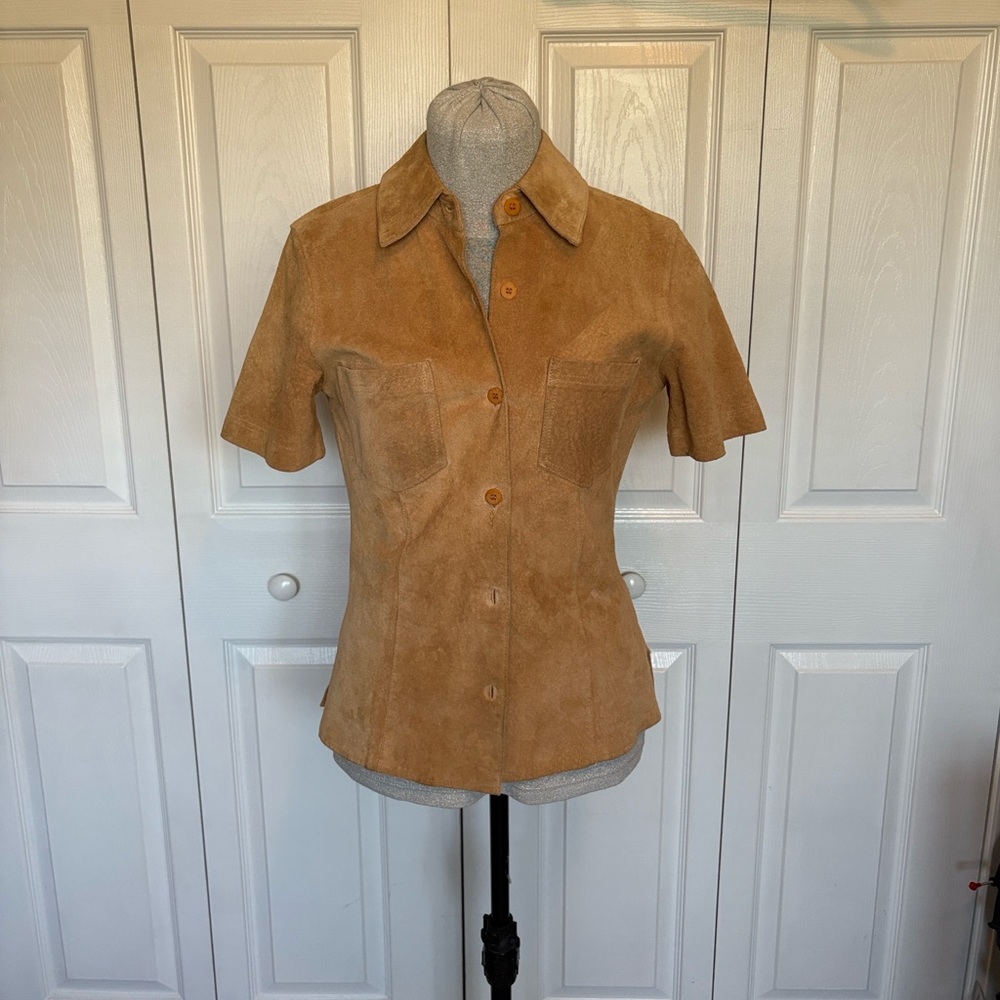 Vintage d Terrell Ltd Genuine Leather Suede blouse Short Sleeve S Tan Button-up